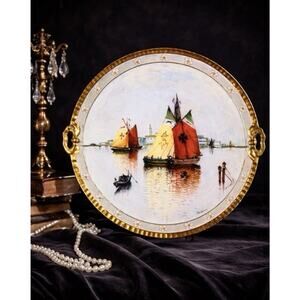 Antique Limoges Plate 13” Sailboat Nautical Signed Markham Handles Circa 1900